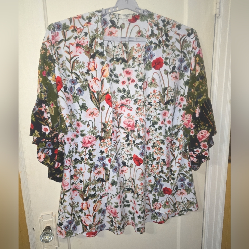 Umgee Floral Ruffle Sleeve  Long Duster Kimono Open Front  Multi-Color  Size M/L - Picture 6 of 12